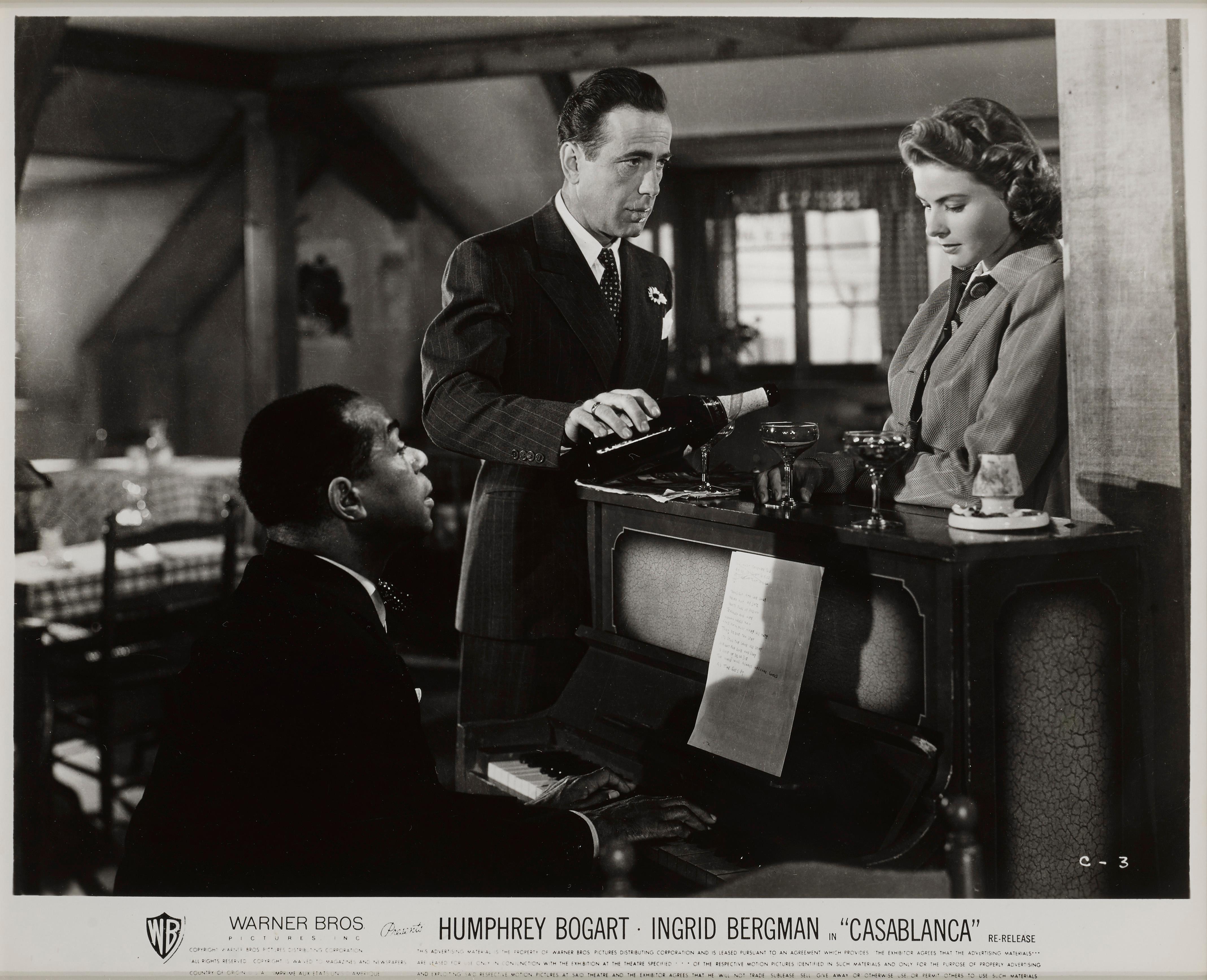 Original US black and white photographic production still used for the 1960 re-release of the film in America.
The film staring Humphrey Bogart, Ingrid Bergman and Paul Henreid. The film remains one of the most famous of all time. The piece is