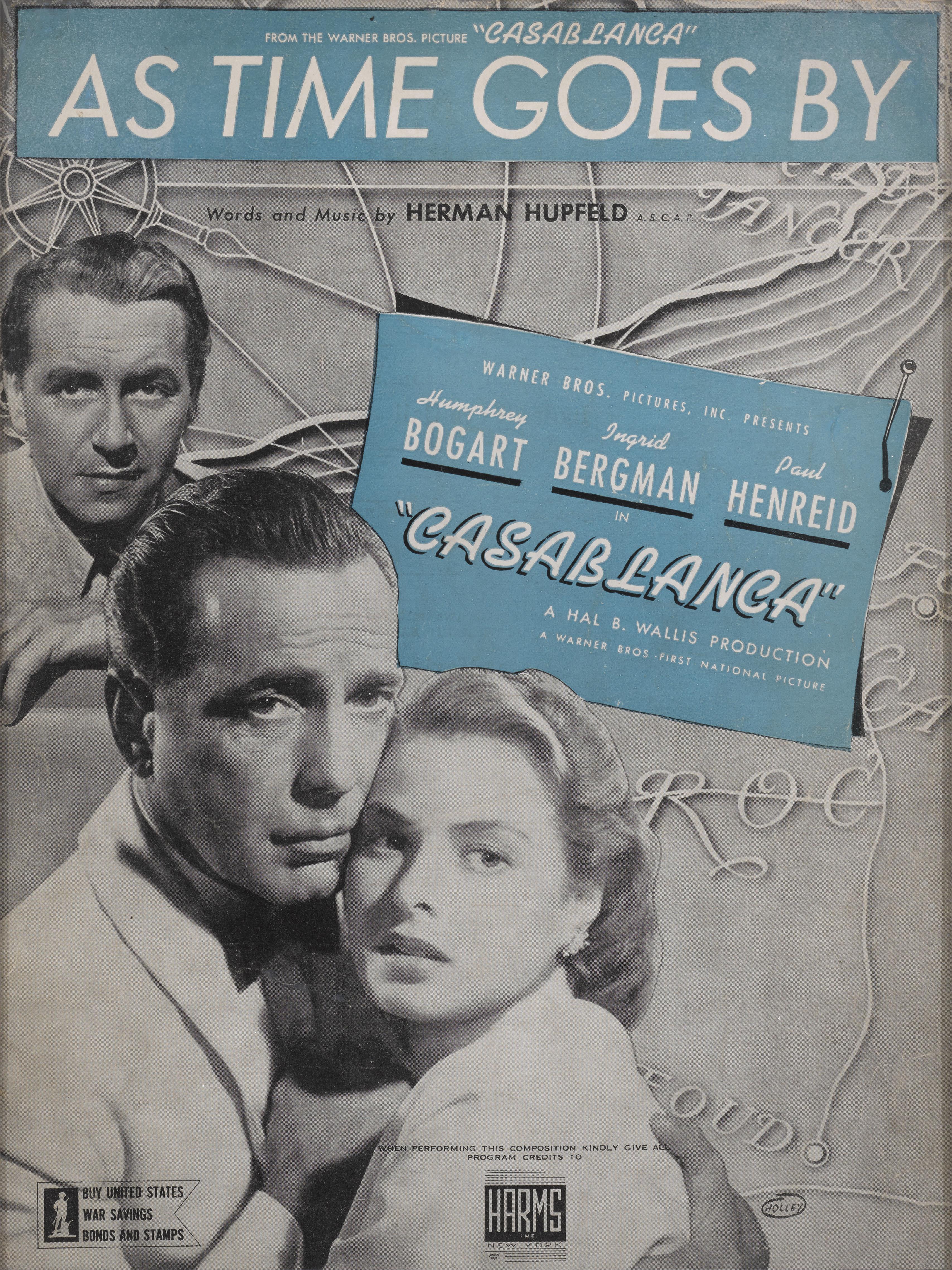 Originalumschlag der Noten für Casablanca 1942.
Dieser Filmklassiker mit Humphrey Bogart und Ingrid Bergman in den Hauptrollen wurde unter der Regie von Michael Curtiz gedreht.
Dieses Stück ist mit Konservierungspapier hinterlegt und dann in einem