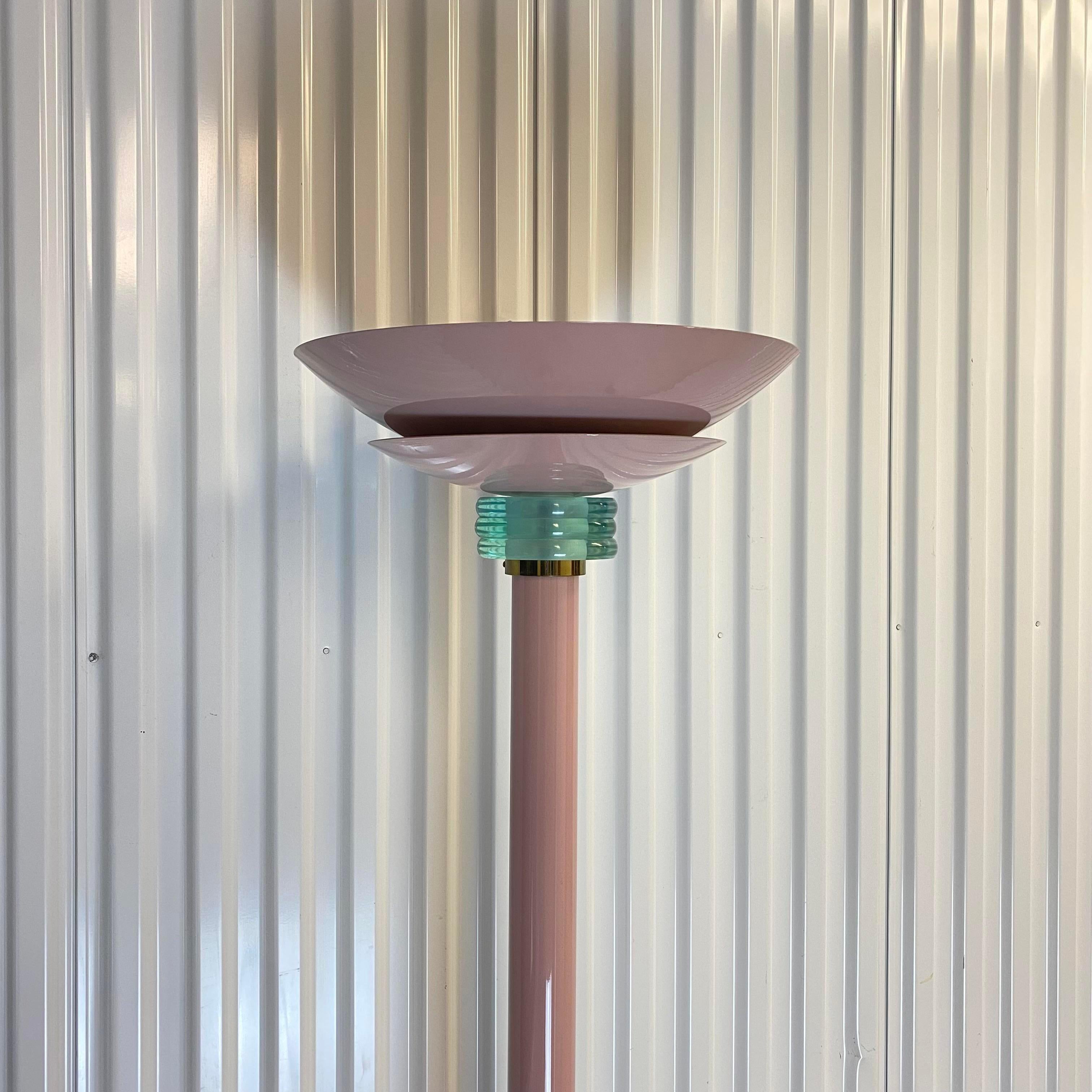 American Casablanca Mauve Glass and Metal Floor Lamp With Marble Base For Sale