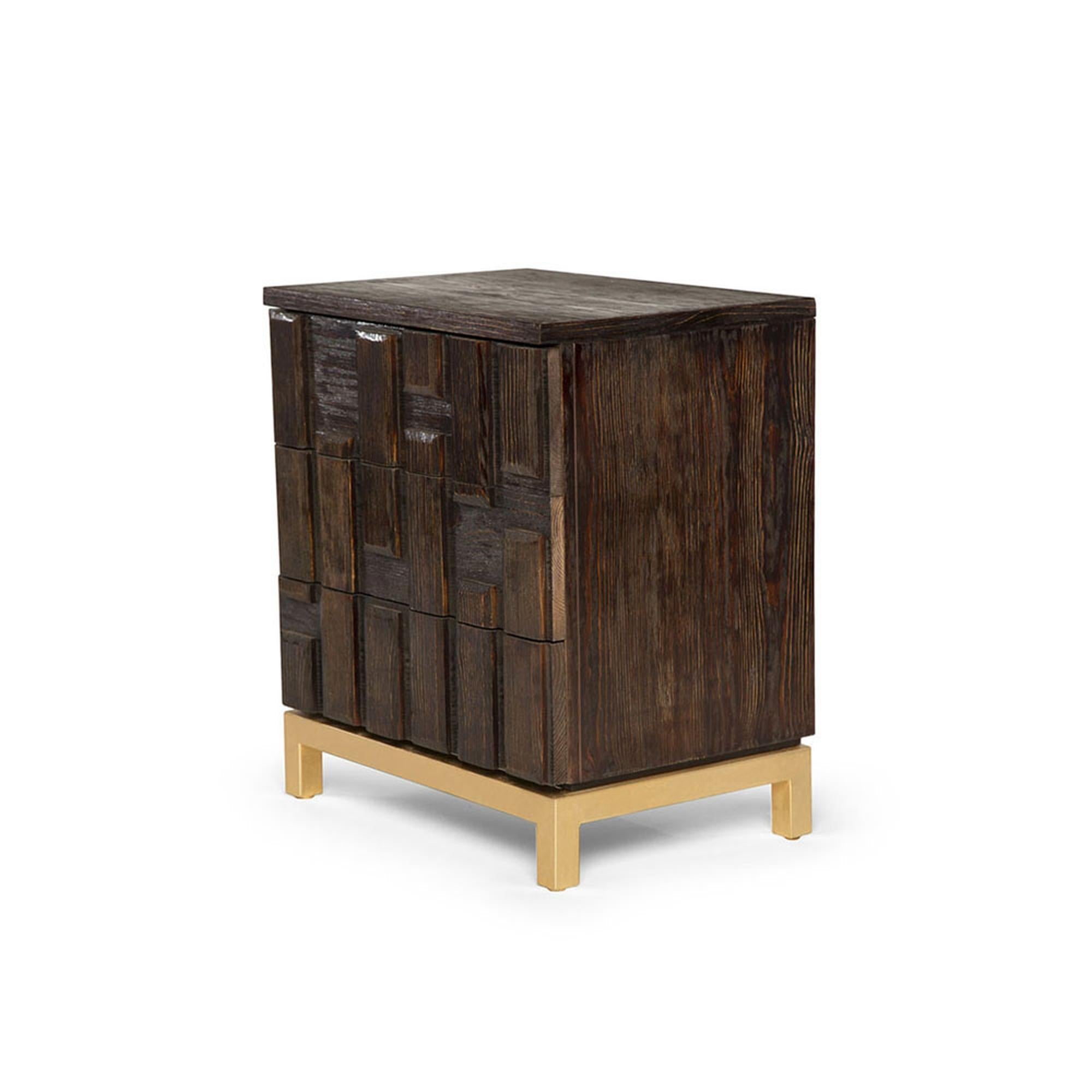 The Casablanca nightstand has been ornately assembled with individually-placed reclaimed beveled wood panels that are hand-painted to perfection. This unique, three-drawer nightstand sits on a hand-gilded gold leafed metal base. Its sleek lines give