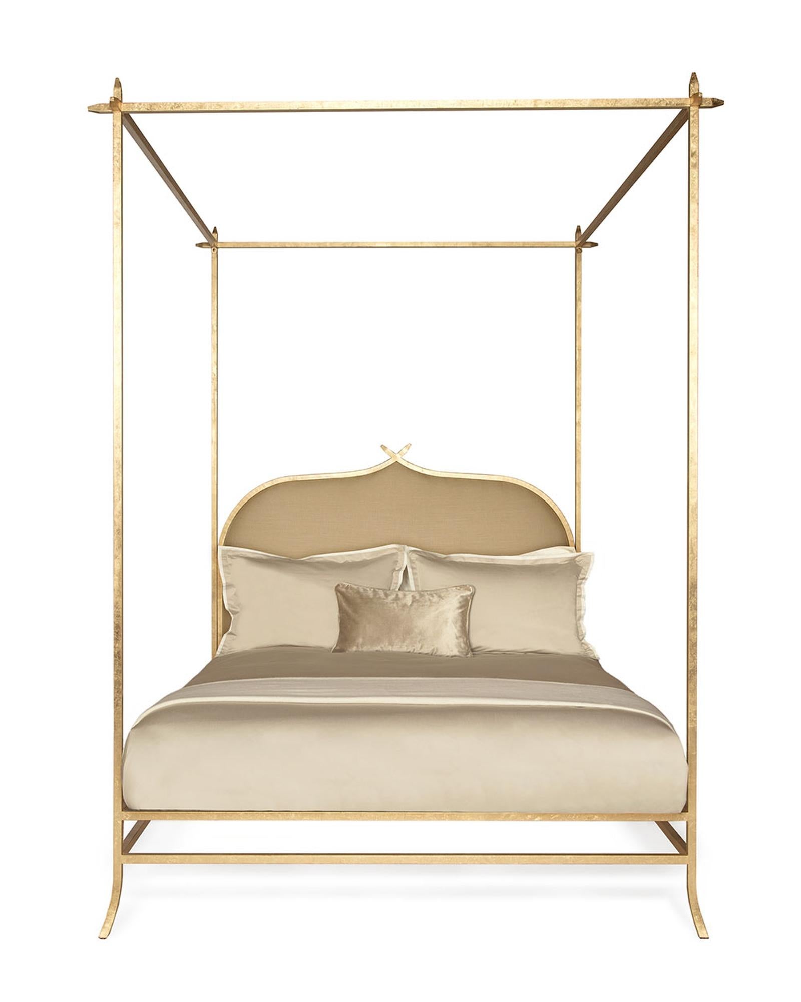 The epitome of true sophistication and elegance, the hand-gilded Casablanca poster bed effortlessly assumes center stage with its gorgeous gold-leafed metal design. Distinguished by crisp lines and a linear silhouette, the tightly upholstered linen