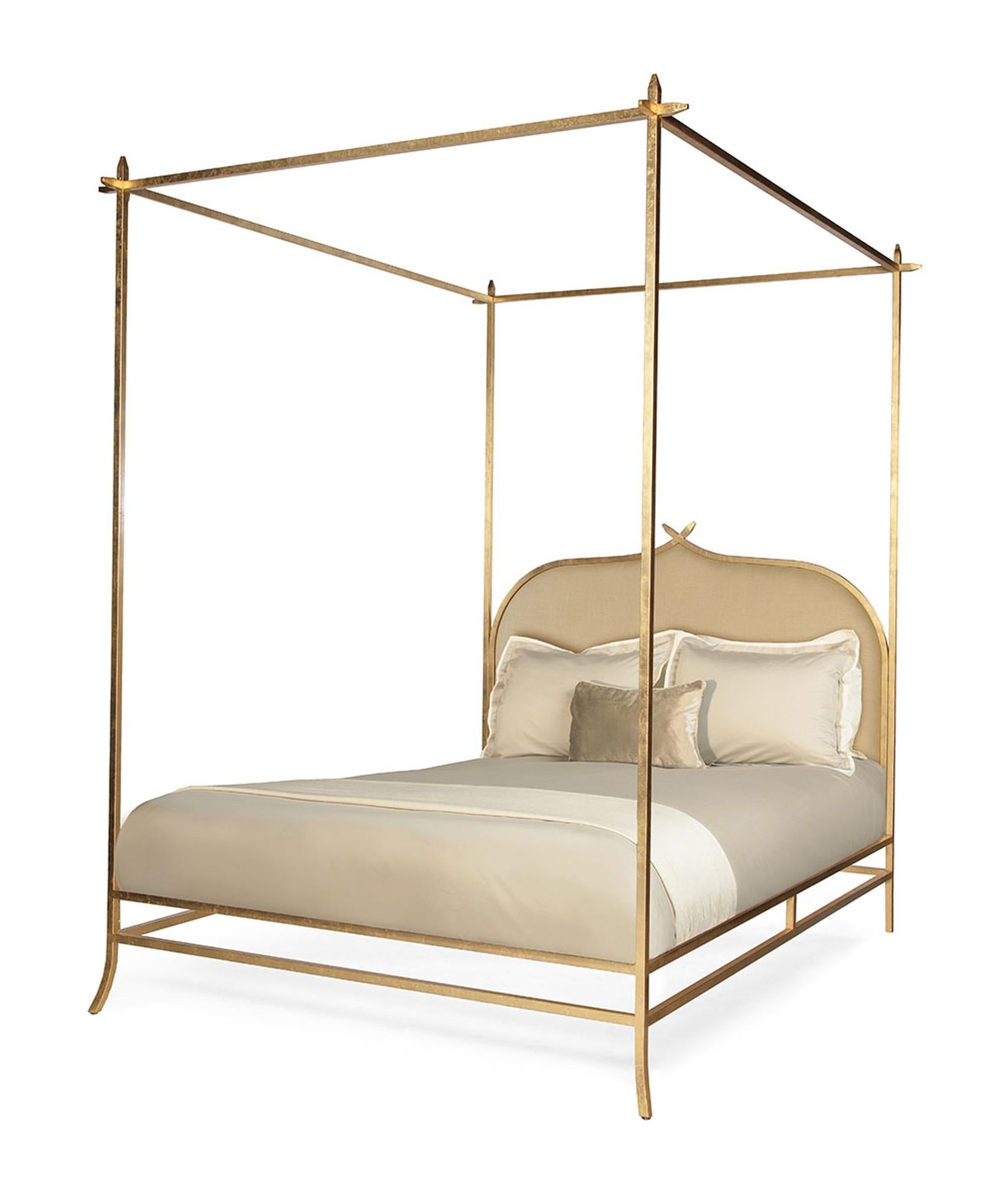 The epitome of true sophistication and elegance, the hand-gilded Casablanca poster bed effortlessly assumes centre stage with its gorgeous gold-leafed metal design. Distinguished by crisp lines and a linear silhouette, the tightly upholstered linen