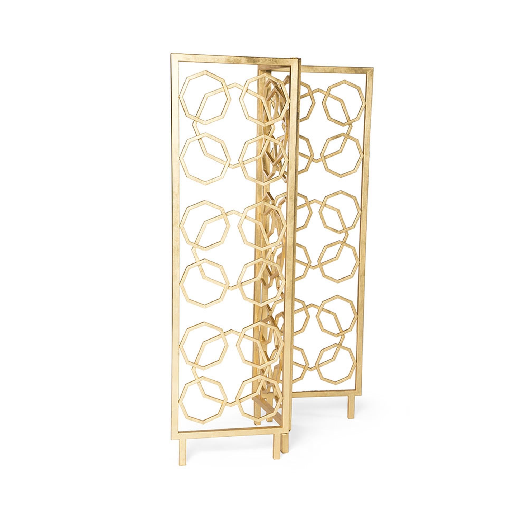 The sophisticated, hand gilded Casablanca room screen is perfect to elegantly divide an area while adding design to a space. This one-of-a-kind room divider showcases dimensional design and originality with its octagonal metal structures. Discreet