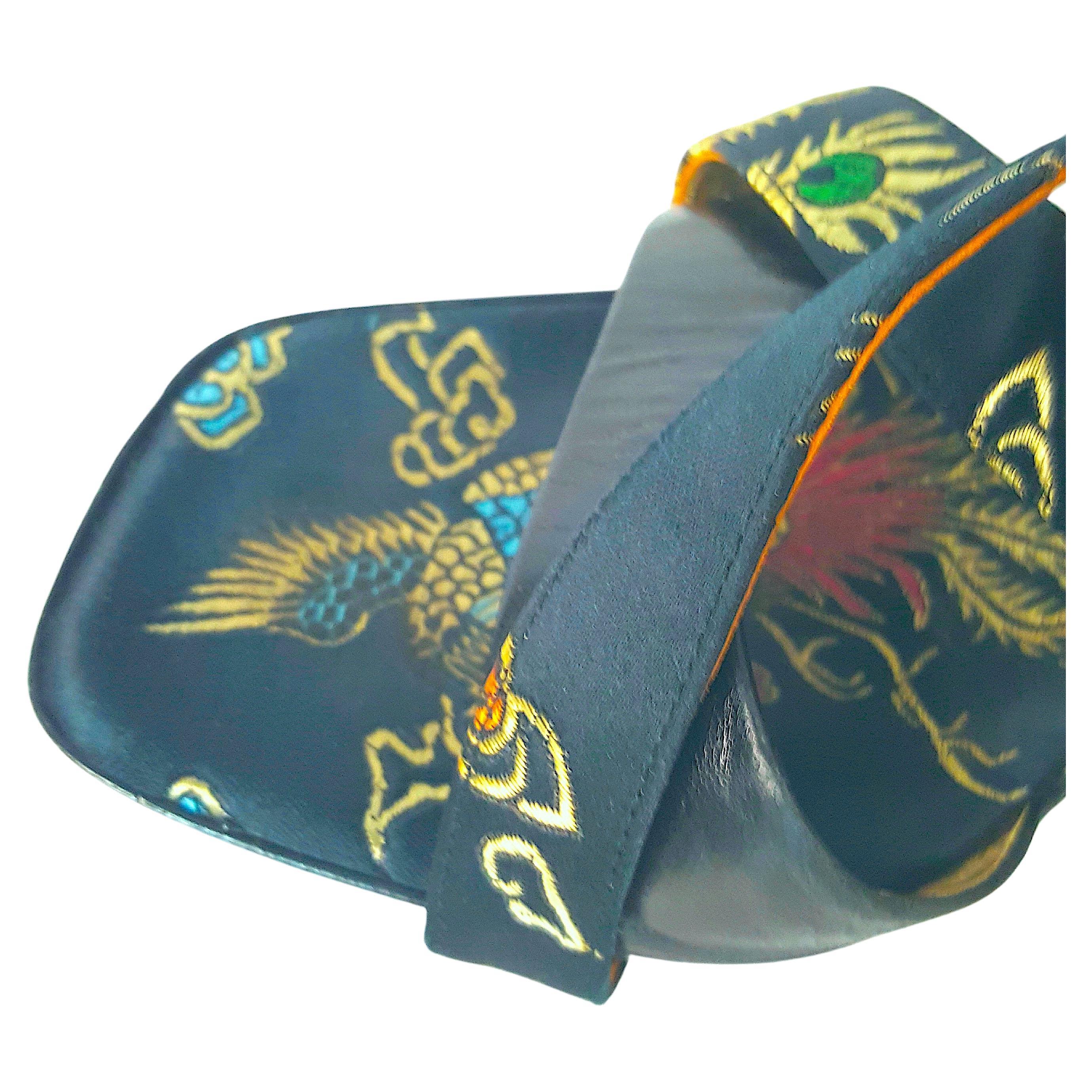 Casadei 1990s LimitedEdition GetaPlatform PatentLeather & SatinChinoiserie Mules For Sale 2