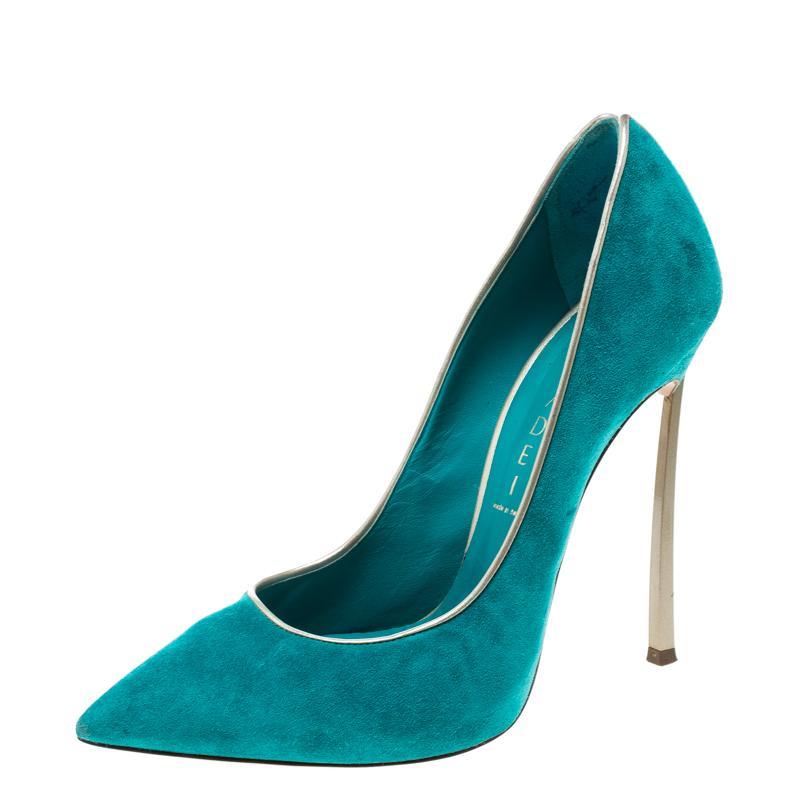 Designed to perfection, these pumps are from the renowned luxury house of Casadei. They are crafted from aqua green suede and designed with pointed toes and 12 cm heels. Look bright and lively in this pair.

Includes: Original Dustbag