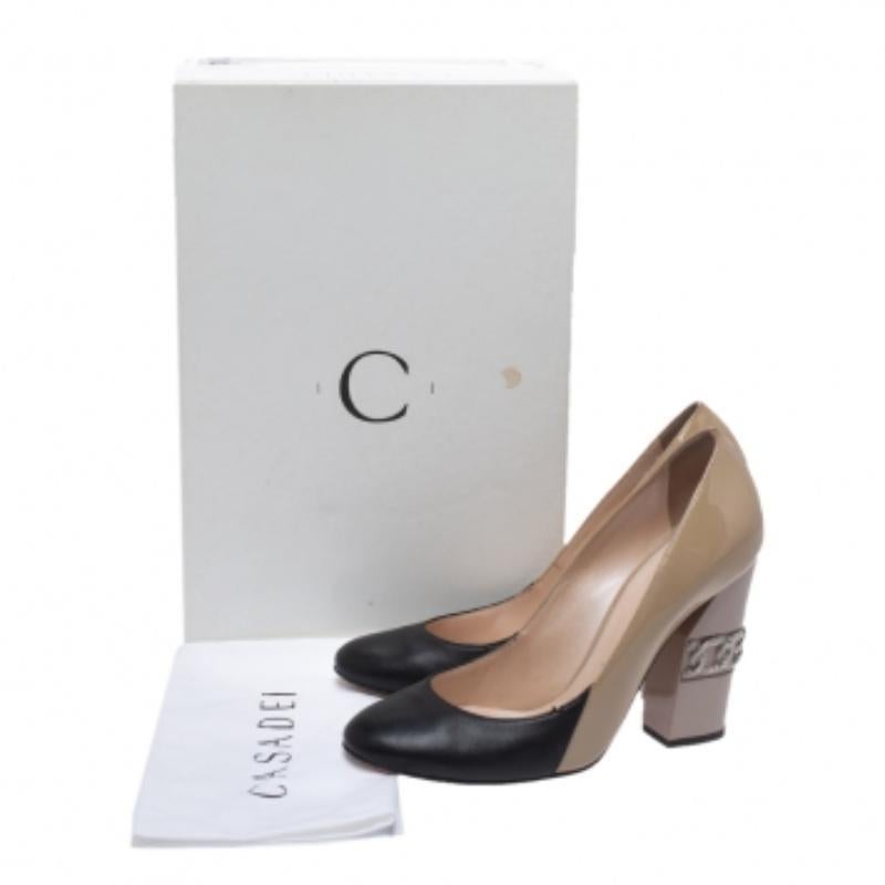 Casadei Beige/Noir Brevet et Cuir Motif Chaine Talons Ronds Taille 36 3