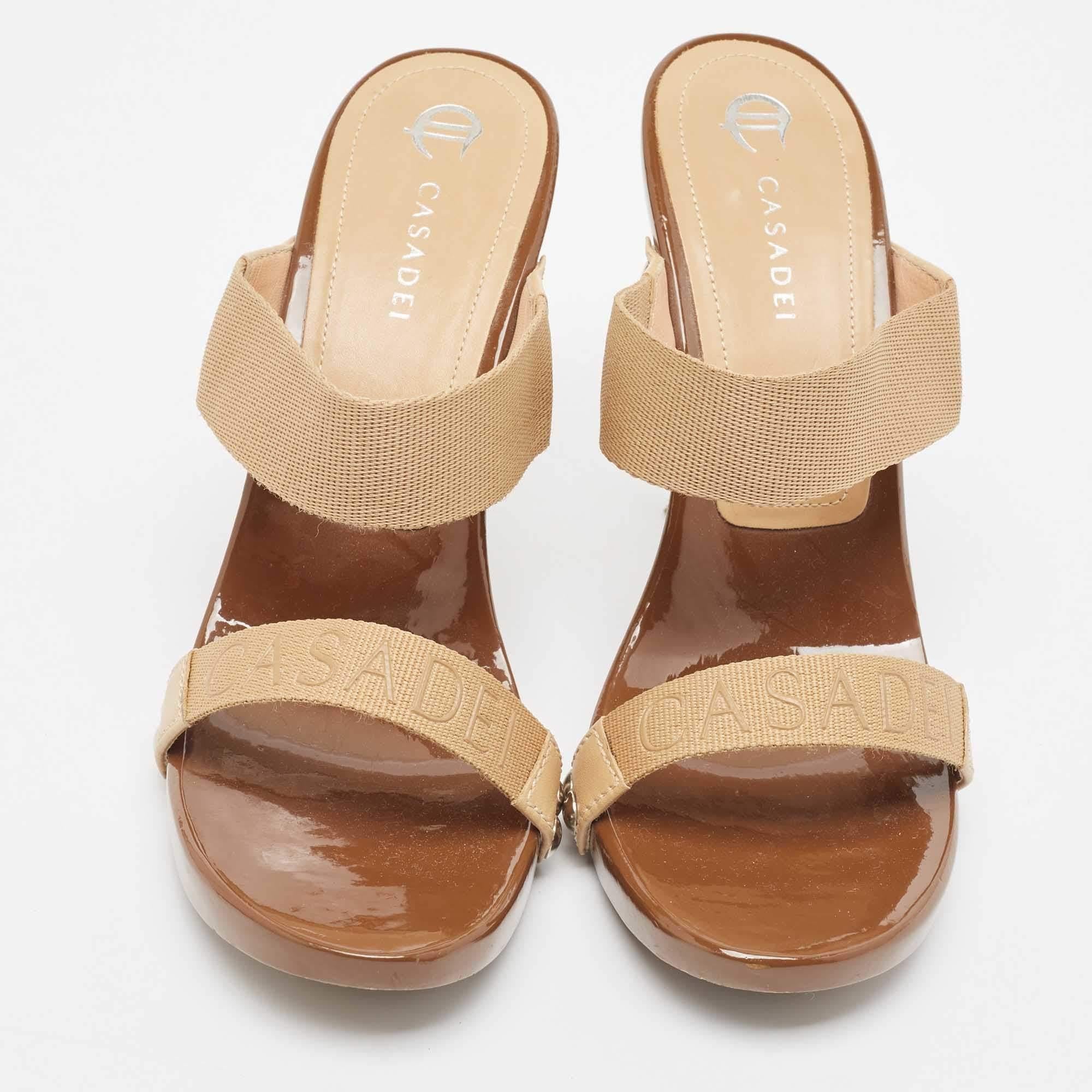 Casadei Beige/Brown Canvas Slide Sandals Size 38 In Good Condition In Dubai, Al Qouz 2