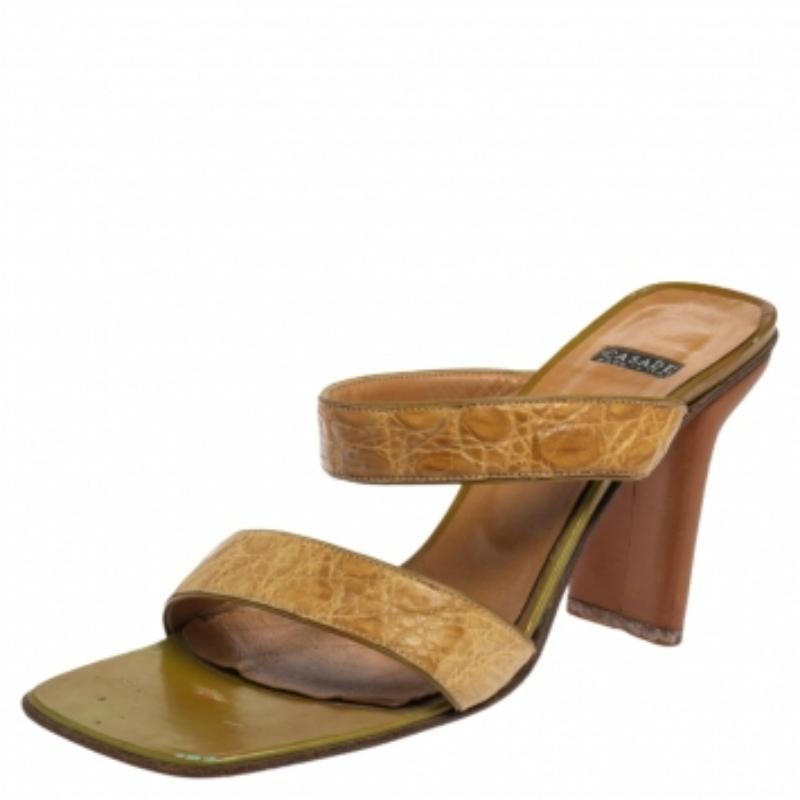 Casadei Beige Croc Embossed Leather Square Toe Slide Sandals Size 37 3