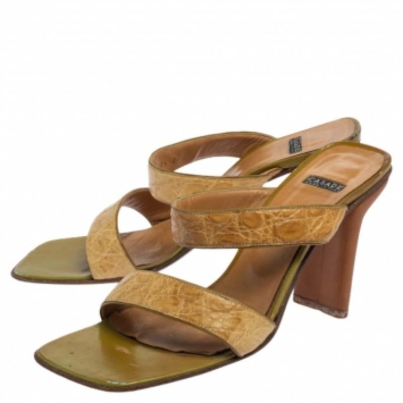 Casadei Beige Croc Embossed Leather Square Toe Slide Sandals Size 37 4