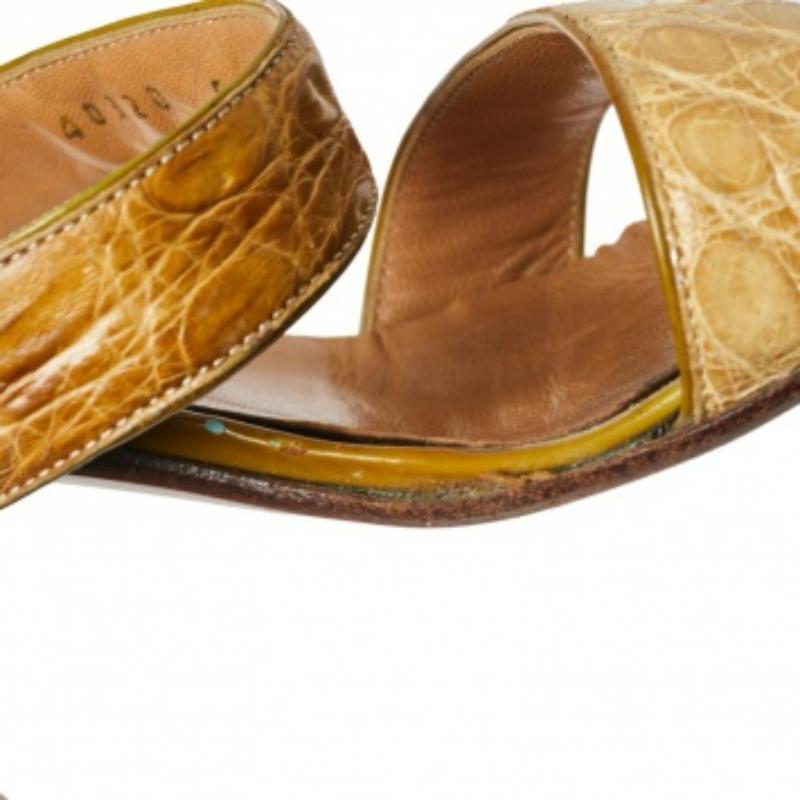 Casadei Beige Croc Embossed Leather Square Toe Slide Sandals Size 37 5