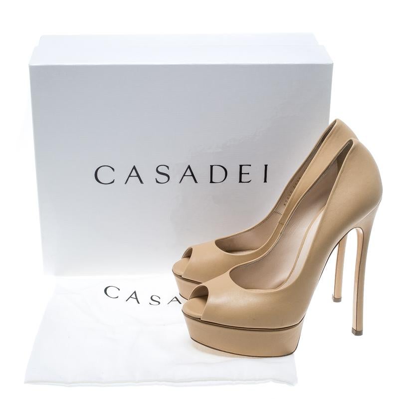 Casadei Beige Leather Peep Toe Platform Pumps Size 39 3