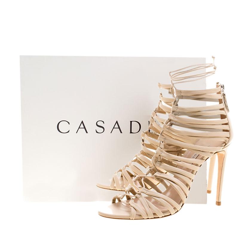 Casadei Beige Leather Strappy Tie Up Peep Toe Sandals Size 38 4