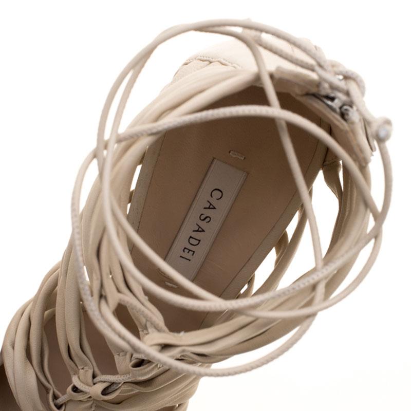 Casadei Beige Leather Strappy Tie Up Sandals Size 39 3