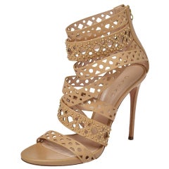 Casadei Beige Leather Studded Strappy Open Toe Zipper Sandals Size 39