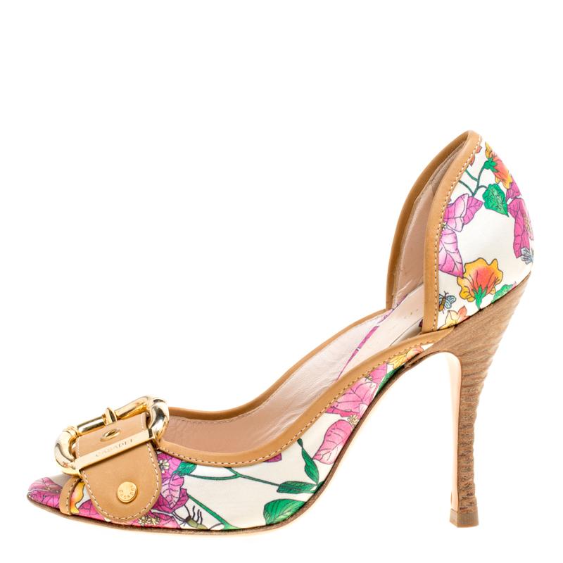 Casadei Beige/Multicolor Leather and Printed Fabric Buckle Detail Pumps Size 37 1