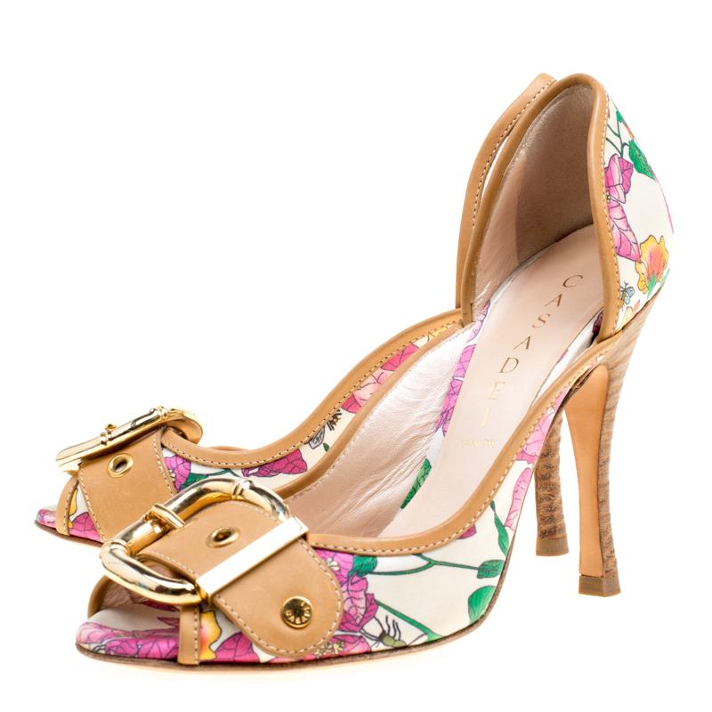 Casadei Beige/Multicolor Leather and Printed Fabric Buckle Detail Pumps Size 37 3