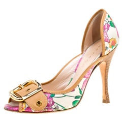 Casadei Beige/Multicolor Leather and Printed Fabric Buckle Detail Pumps Size 37