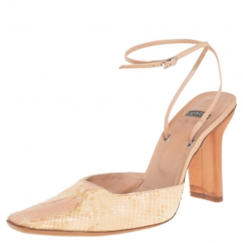 Casadei Beige Snakeskin Square Toe Ankle Wrap Sandals Size 38.5 For Sale 2