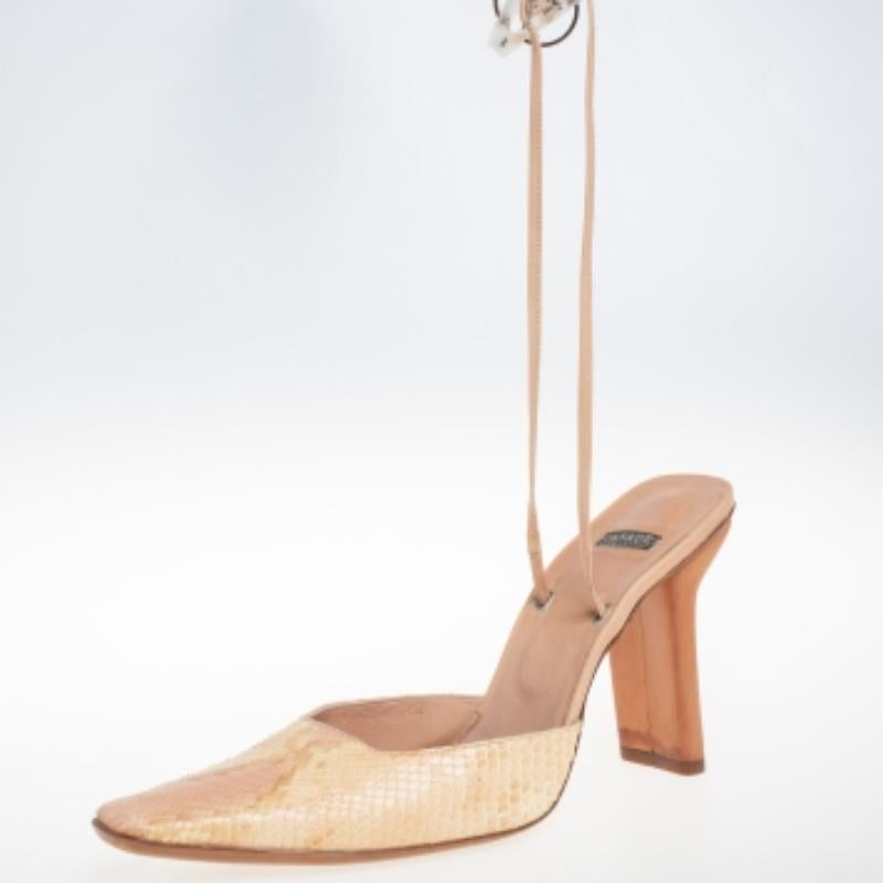 Casadei Beige Snakeskin Square Toe Ankle Wrap Sandals Size 38.5 For Sale 5