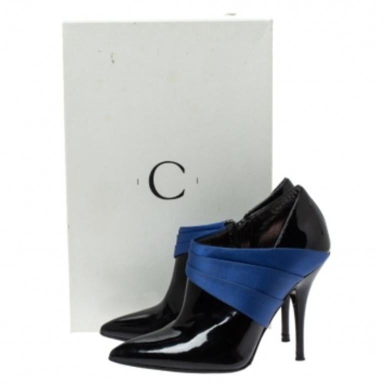 Women's Casadei Black/Blue Pleated Satin and Patent Leather Ankle Booties Size 35 For Sale