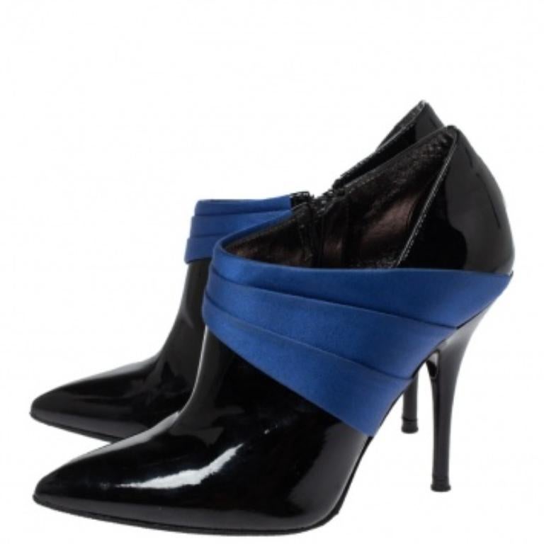 Casadei Black/Blue Pleated Satin and Patent Leather Ankle Booties Size 35 For Sale 1