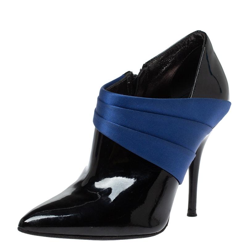 Casadei Black/Blue Pleated Satin and Patent Leather Ankle Booties Size 35 For Sale 1