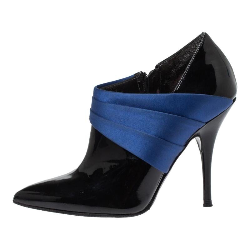 Casadei Black/Blue Pleated Satin and Patent Leather Ankle Booties Size 35 For Sale