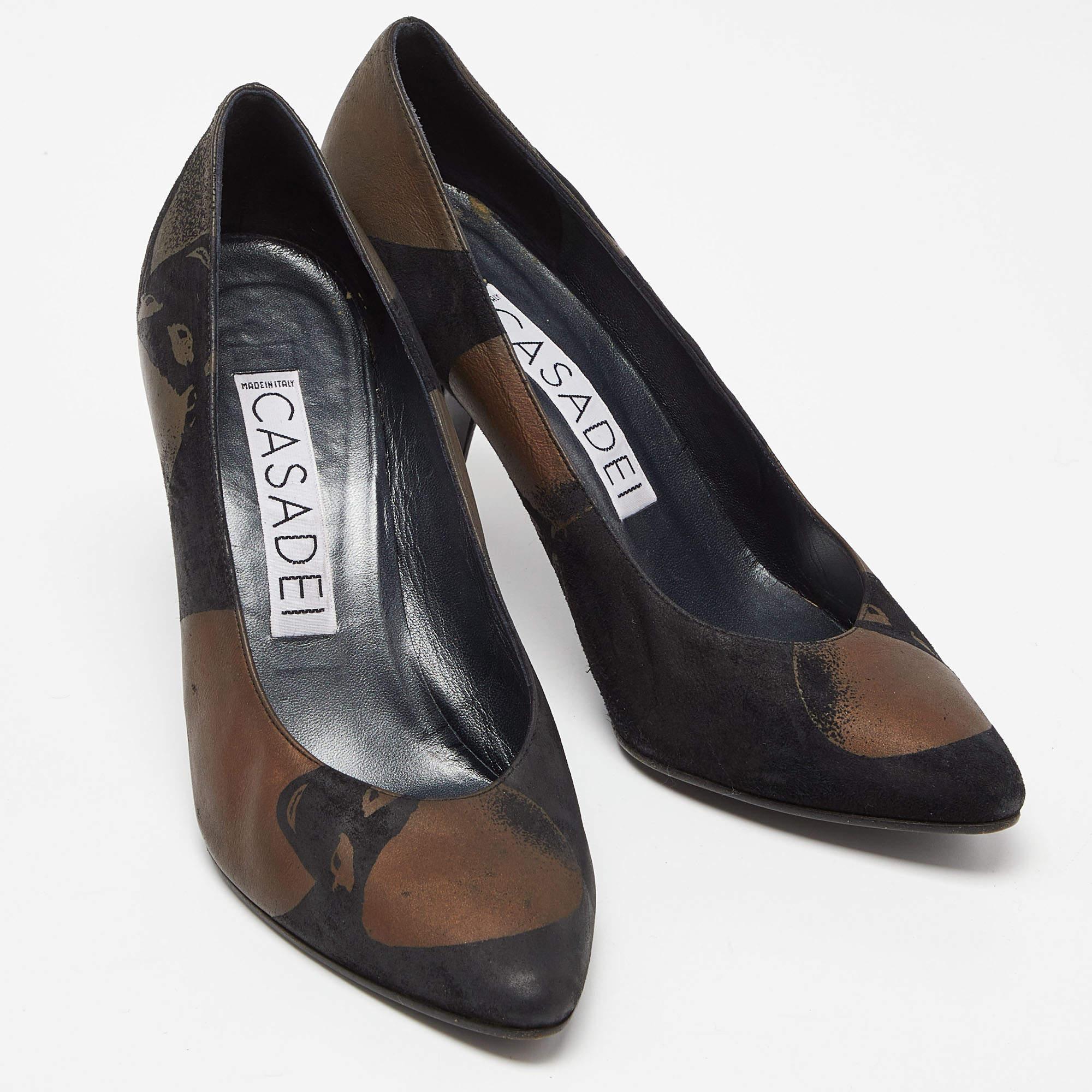 Women's Casadei Black/Brown Printed Nubuck Leather Pointed Toe Pumps Size 39 For Sale