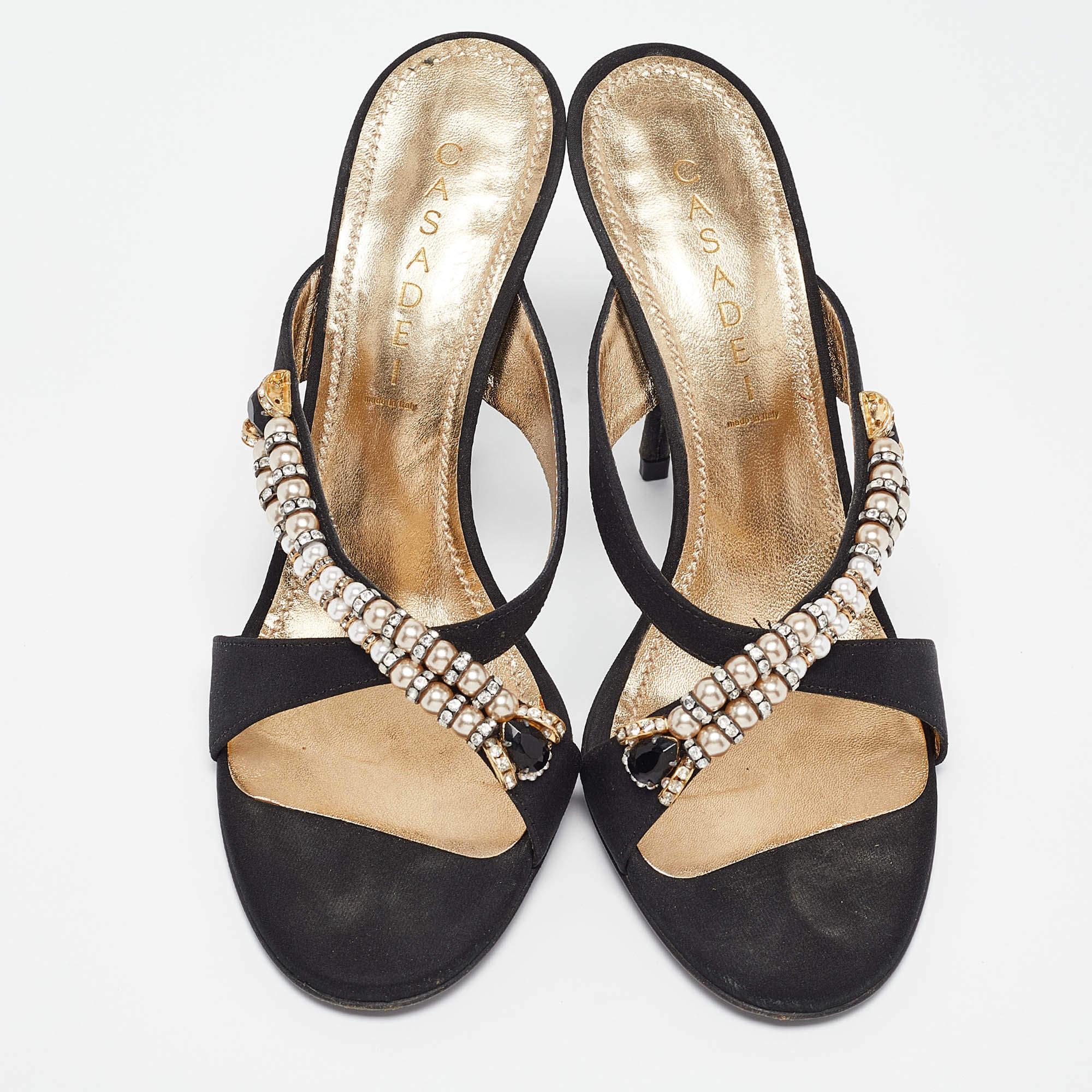 Nero Casadei Black Canvas Crystal Embellished Slide Sandals Size 40 in vendita