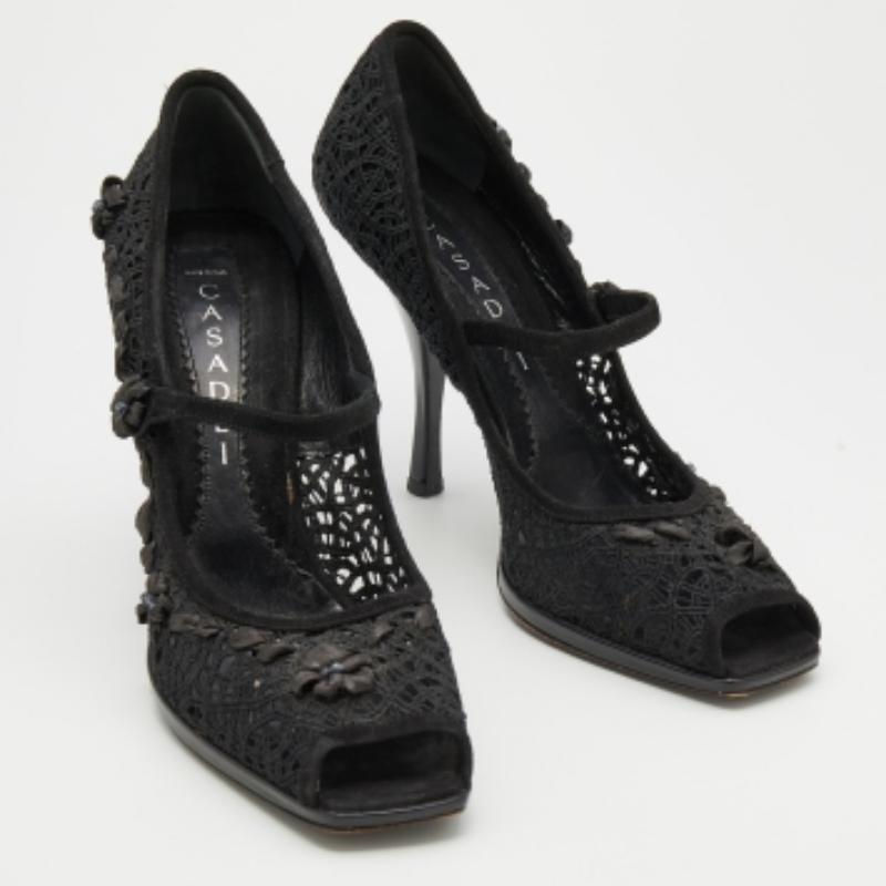 Women's Casadei Black Crochette Nylon and Suede Peep Toe Pumps Size 39 For Sale