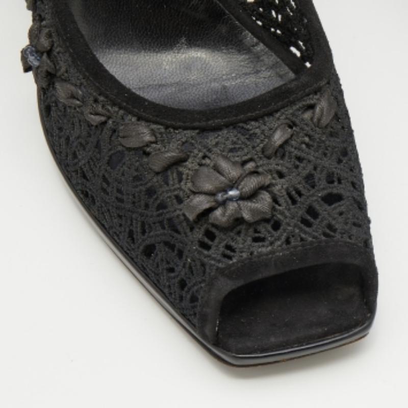 Casadei Black Crochette Nylon and Suede Peep Toe Pumps Size 39 For Sale 1