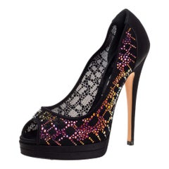 Casadei Black Crystal Embellished Mesh And Satin Peep Toe Platform Pumps Size 36