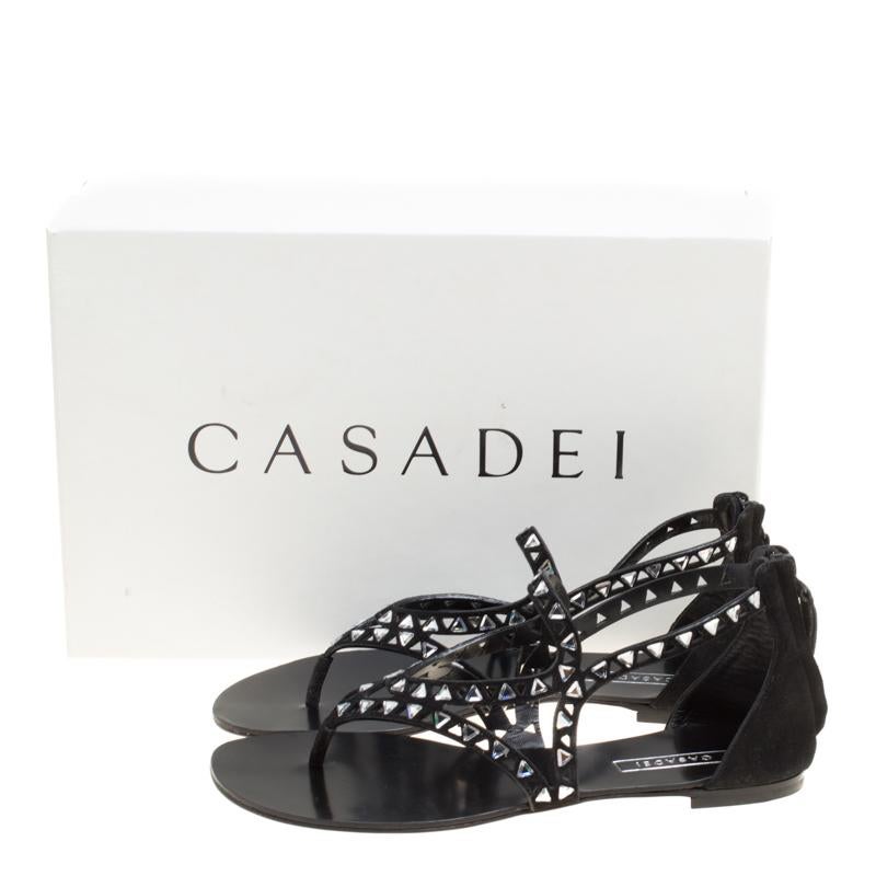 Casadei Black Cut Out Suede Crystal Embellished Flat Thong Sandals Size 36 4