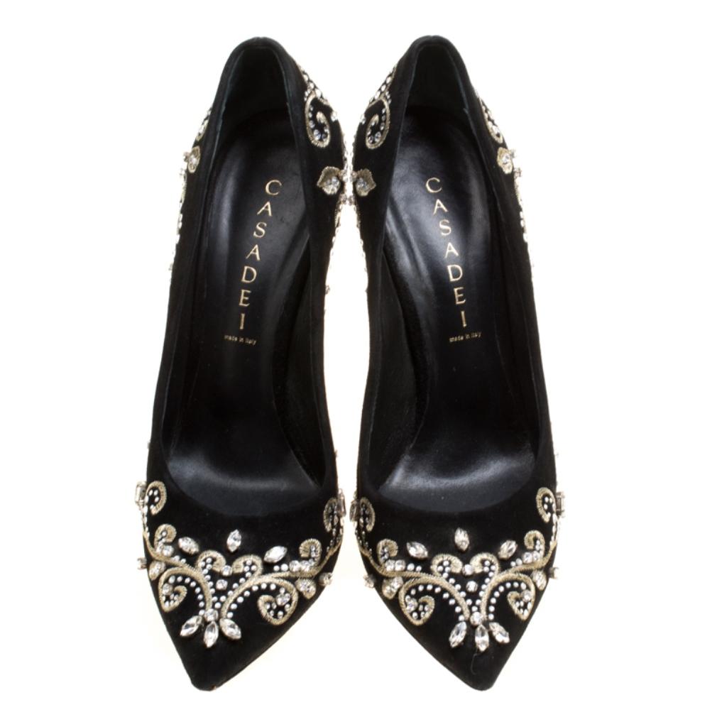 Casadei Black Embroidered Suede Crystal Embellished Pointed Toe Pumps Size 39 In Good Condition In Dubai, Al Qouz 2