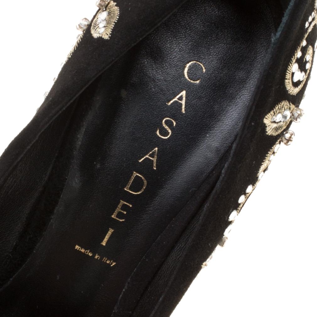 Casadei Black Embroidered Suede Crystal Embellished Pointed Toe Pumps Size 39 3
