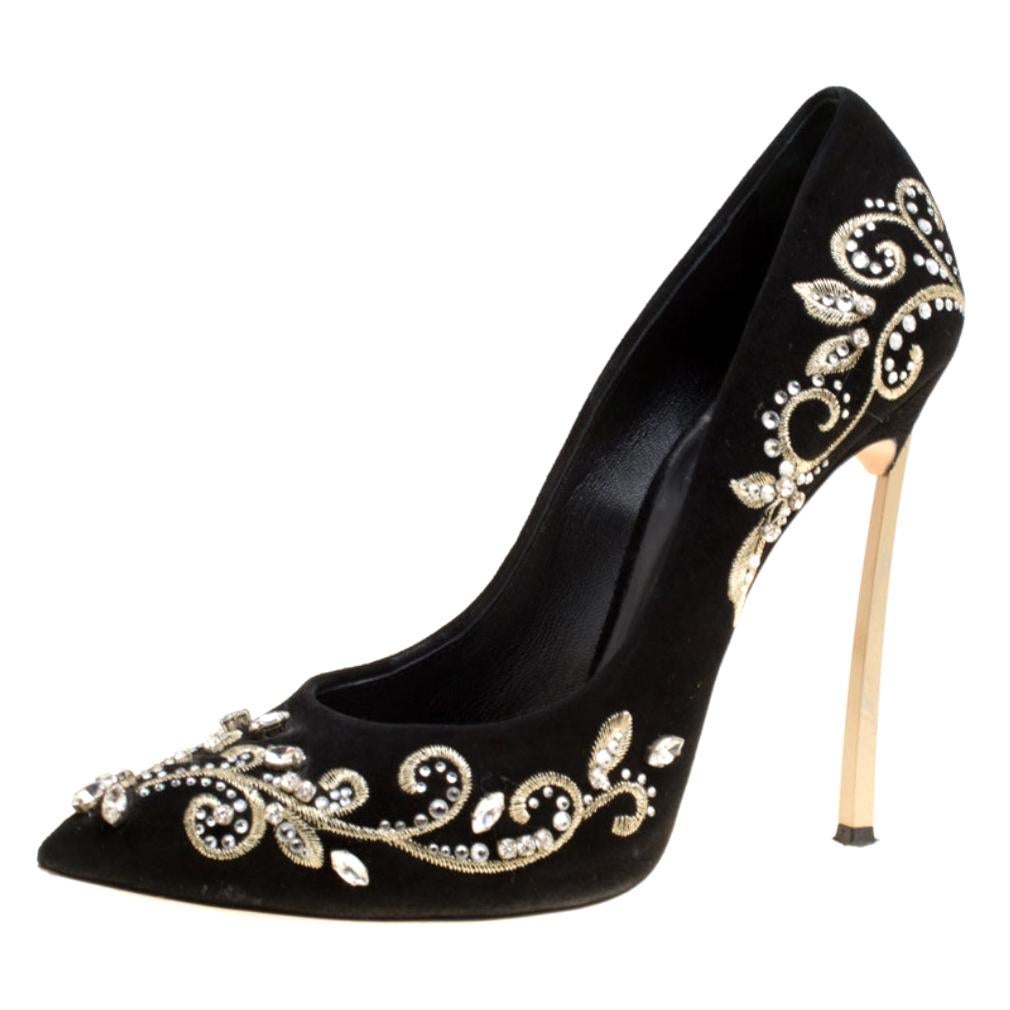 Casadei Black Embroidered Suede Crystal Embellished Pointed Toe Pumps ...