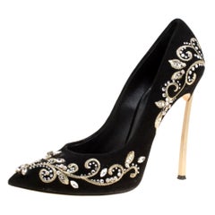 Casadei Black Embroidered Suede Crystal Embellished Pointed Toe Pumps Size 39