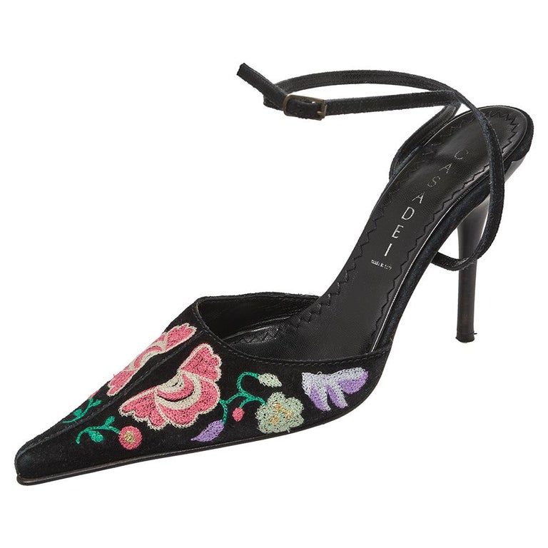Casadei Black Floral Embroidered Suede Pointed Toe Ankle Wrap Sandals Size  38 For Sale at 1stDibs