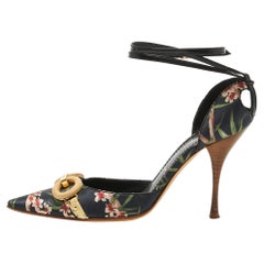 Casadei Black Floral Print Satin Ankle Strap Pumps Size 36