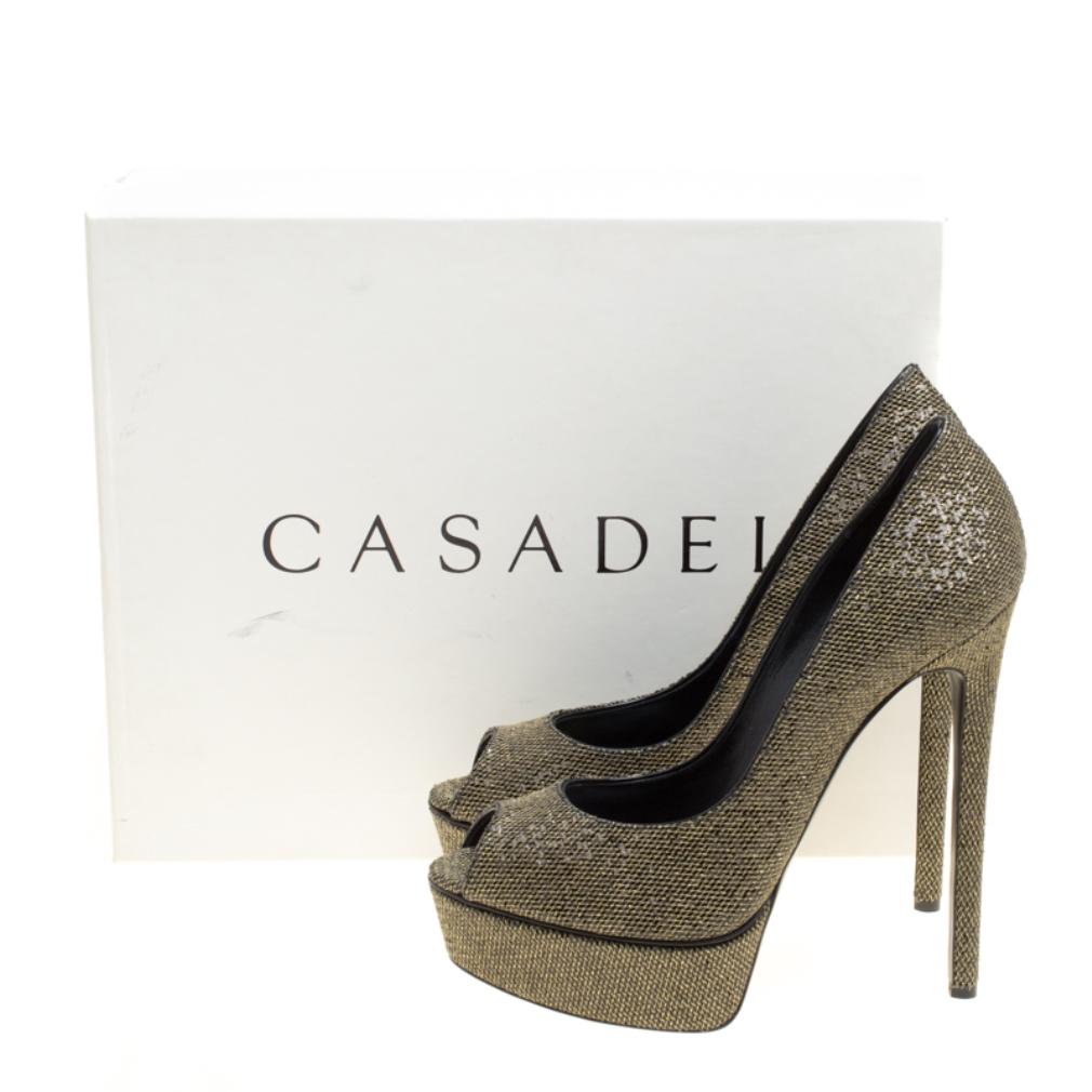 Casadei Black Glitter Lamé Fabric Daisy Peep Toe Platform Pumps Size 39 4