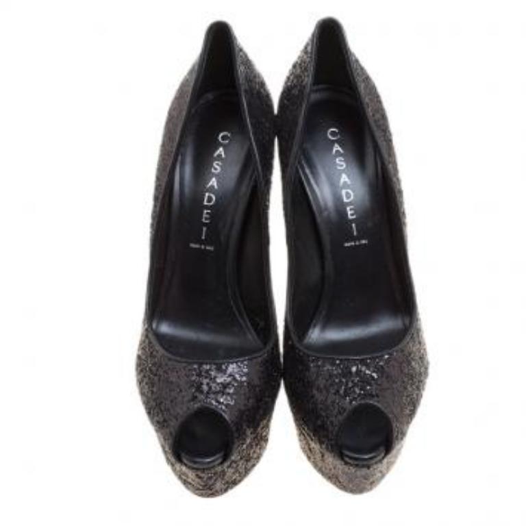Casadei Black Glitter Peep Toe Platform Pumps Talla 38.5 Negro en venta