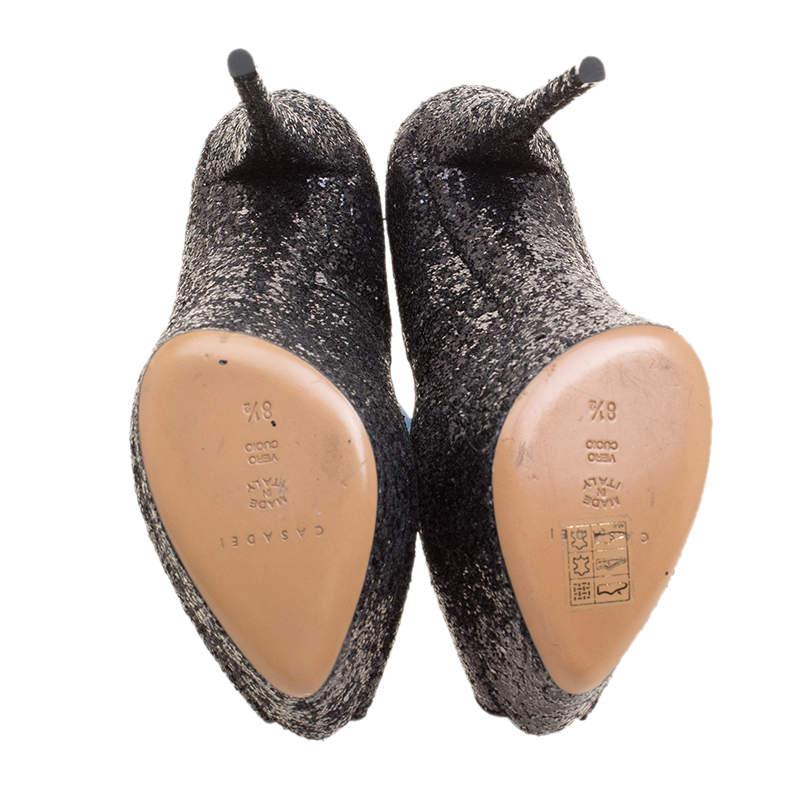Casadei Black Glitter Peep Toe Platform Pumps Size 38.5 For Sale 2