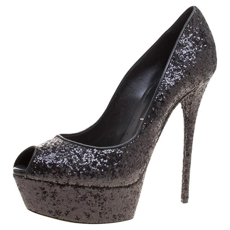 Casadei Black Glitter Peep Toe Platform Pumps Size 38.5 For Sale
