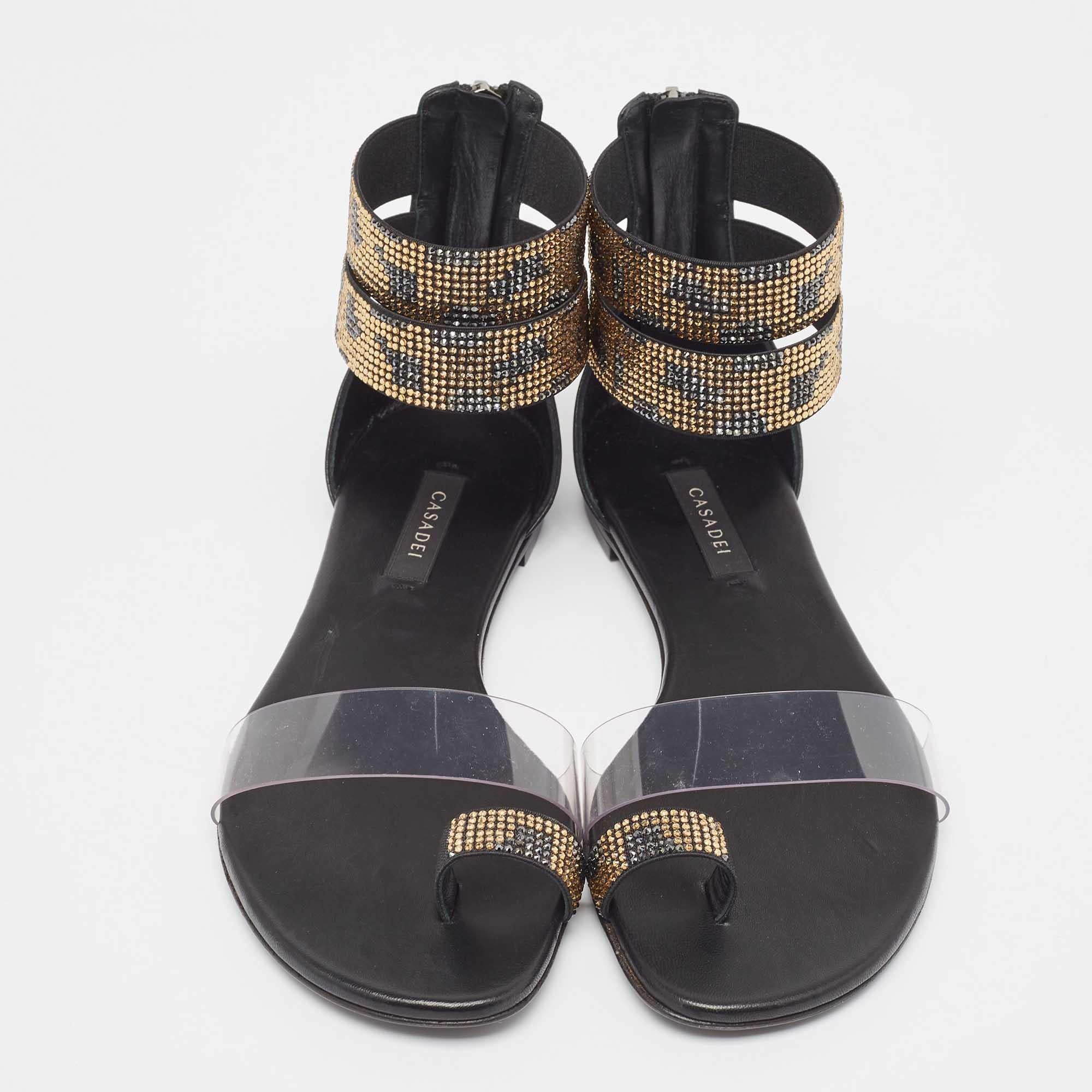 Casadei Black/Gold Leather and PVC Vinil Ankle Strap Sandals Size 37 In Good Condition For Sale In Dubai, Al Qouz 2