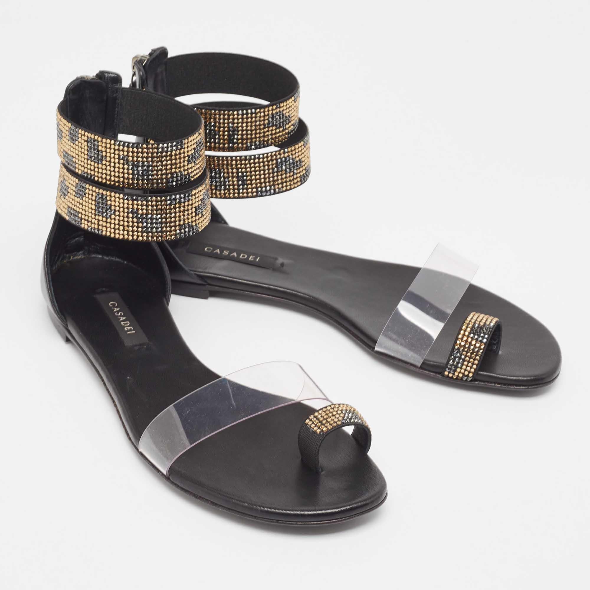 Women's Casadei Black/Gold Leather and PVC Vinil Ankle Strap Sandals Size 37 For Sale