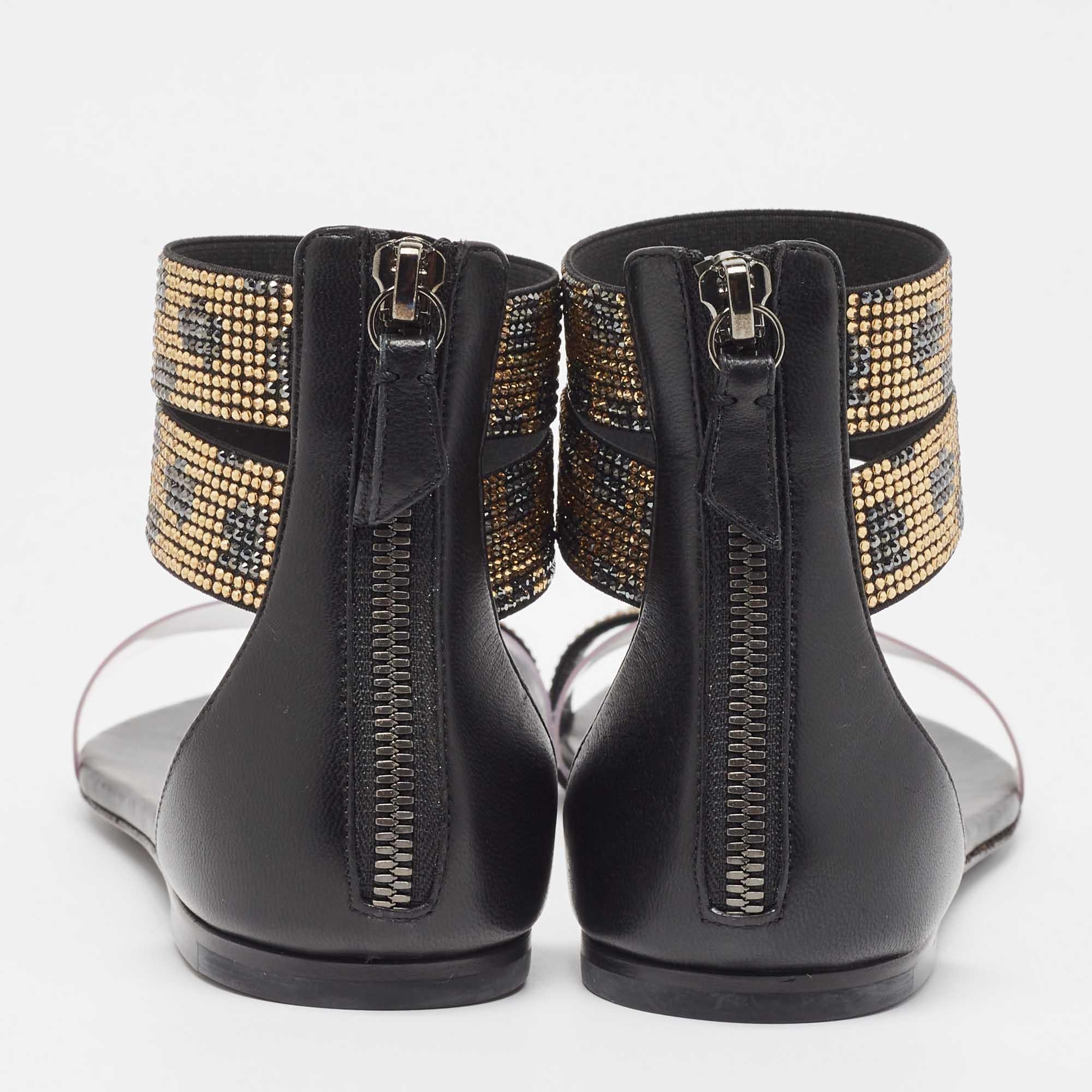 Casadei Black/Gold Leather and PVC Vinil Ankle Strap Sandals Size 37 For Sale 1