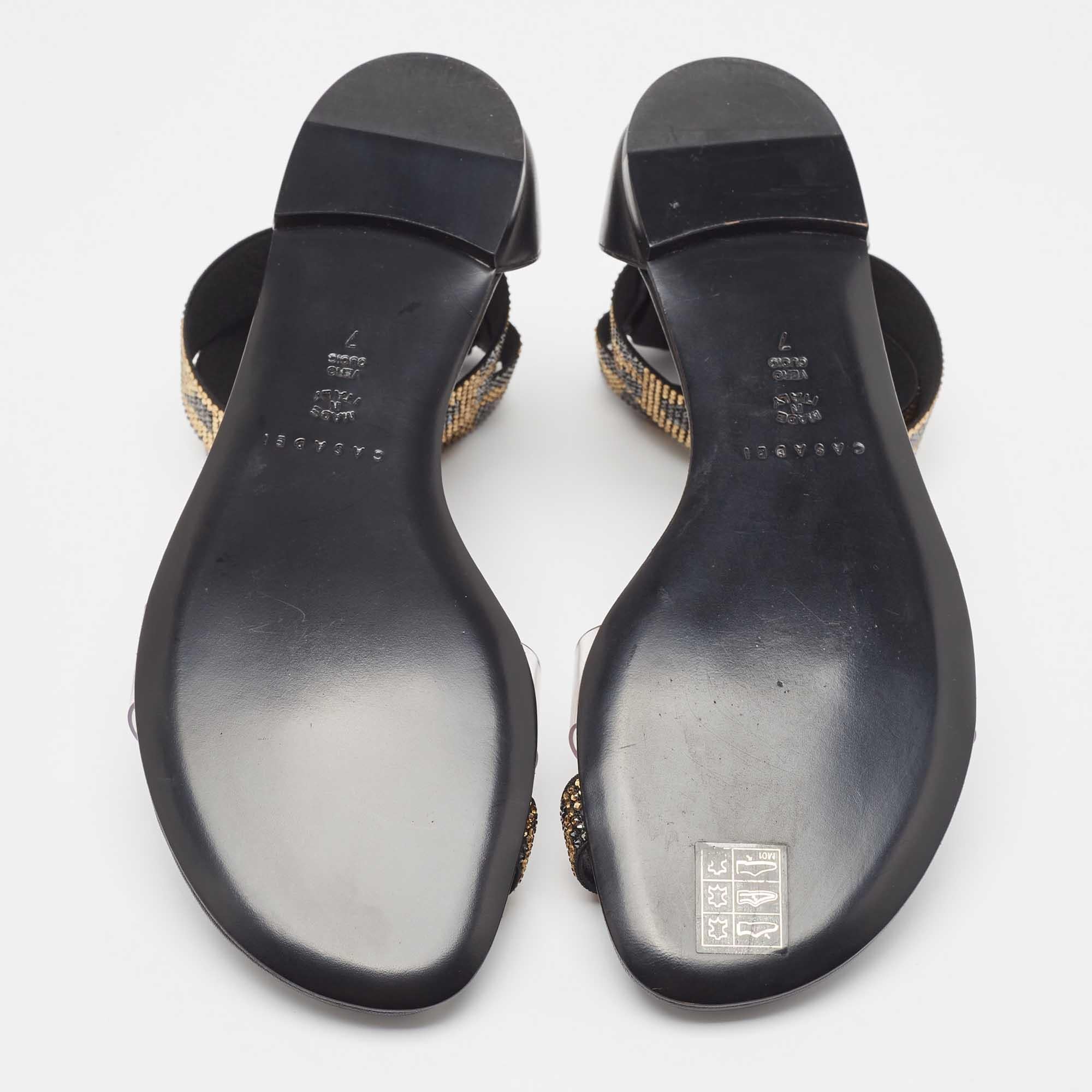 Casadei Black/Gold Leather and PVC Vinil Ankle Strap Sandals Size 37 For Sale 2