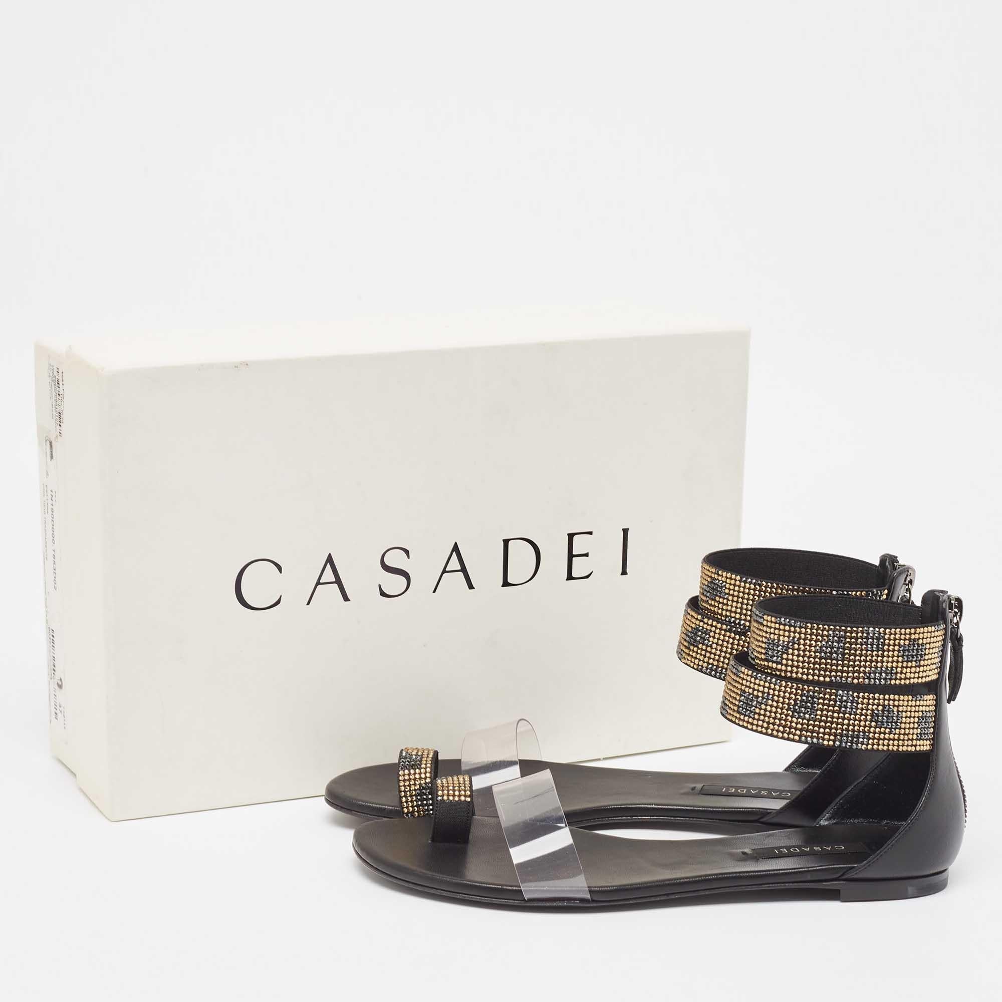 Casadei Black/Gold Leather and PVC Vinil Ankle Strap Sandals Size 37 For Sale 5