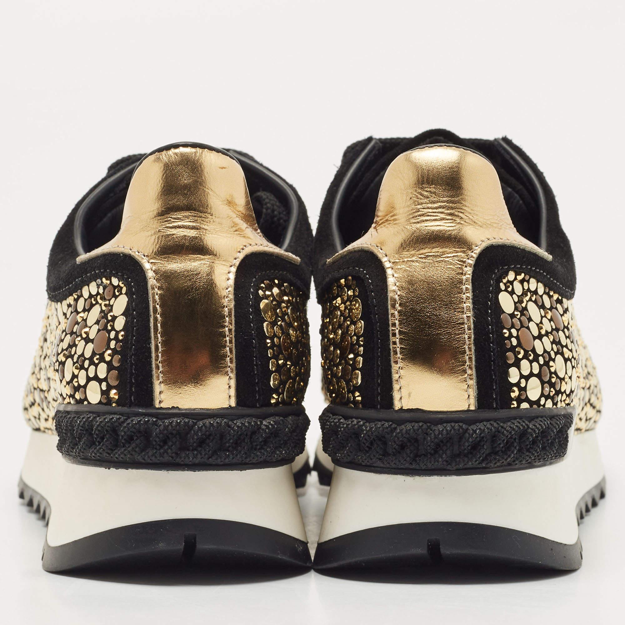 Casadei Black/Gold Suede and Leather Studded Low Top Sneakers Size 37 In New Condition For Sale In Dubai, Al Qouz 2