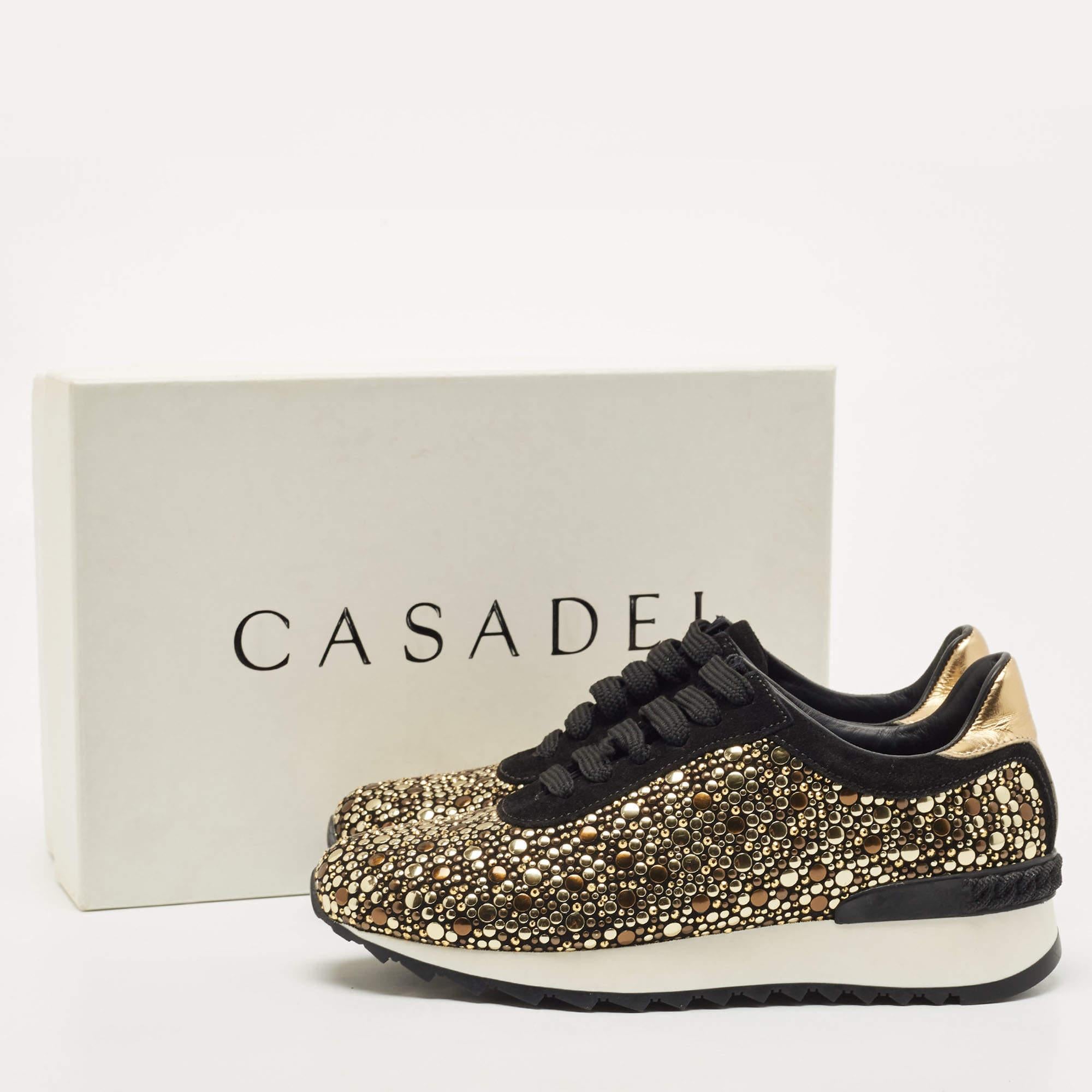 Casadei Black/Gold Suede and Leather Studded Low Top Sneakers Size 37 For Sale 2